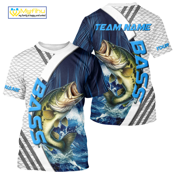 Blue and White Camo Largemouth Bass fishing Custom name sun protection Bass fishing team jerseys NQS9981