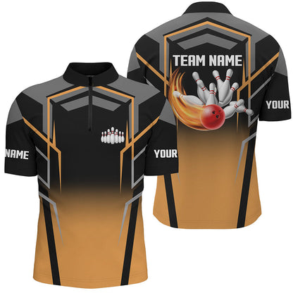 Black and Orange Bowling Polo, 1/4 Quarter Zip Shirts For Men, Custom Bowling Jerseys for Team bowlers NQS7855