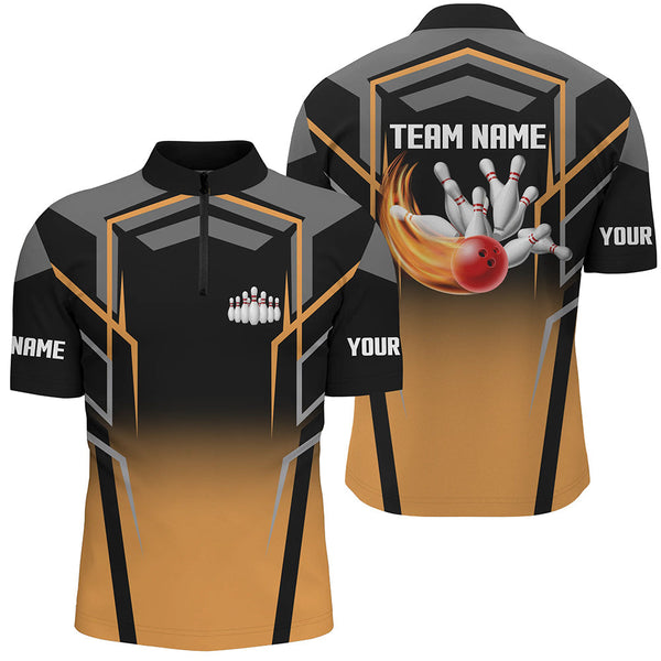 Black and Orange Bowling Polo, 1/4 Quarter Zip Shirts For Men, Custom Bowling Jerseys for Team bowlers NQS7855