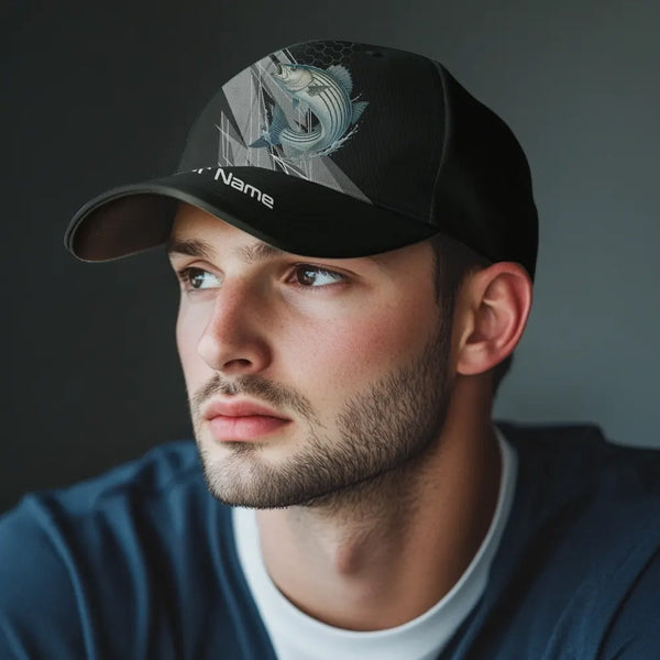 Personalized Black camo Striped Bass Fishing baseball cap, Striper fishing hats for men, women NQS10144