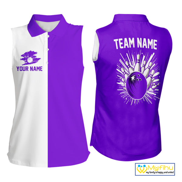 Purple and white Retro Bowling Women sleeveless Polo Shirt Custom team bowling jersey gift for Bowler NQS10145