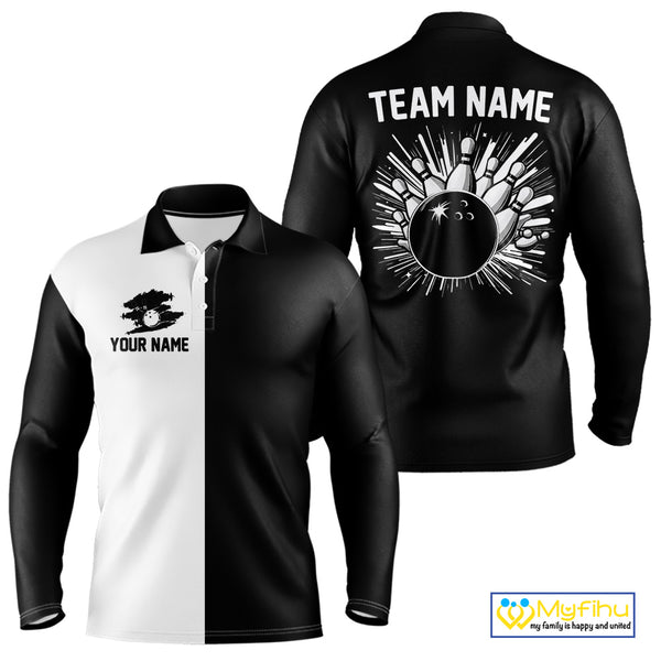 Black and white Retro Bowling shirts For Men Custom team bowling jerseys gift for Bowlers NQS10146