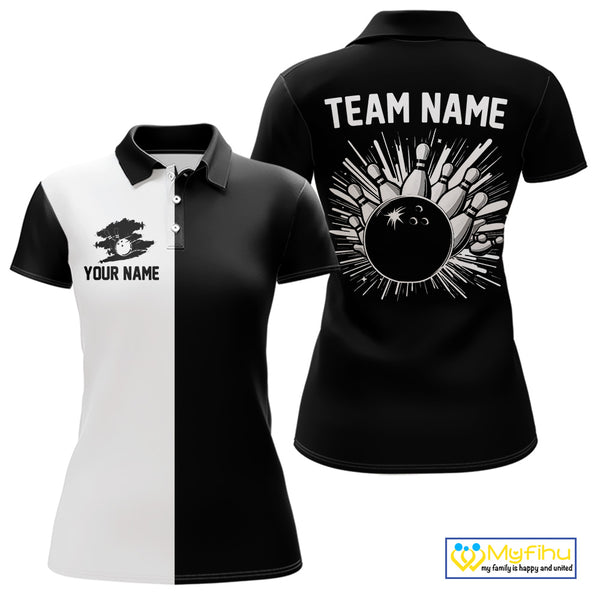Black and white Retro Bowling shirts For Women Custom team bowling jerseys gift for Bowlers NQS10146