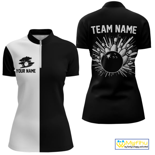 Black and white Retro Bowling shirts For Women Custom team bowling jerseys gift for Bowlers NQS10146