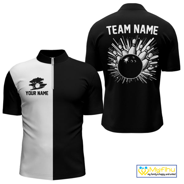 Black and white Retro Bowling shirts For Men Custom team bowling jerseys gift for Bowlers NQS10146