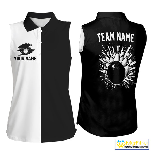 Black and white Retro Bowling Women sleeveless Polo Shirt Custom team bowling jersey gift for Bowler NQS10146