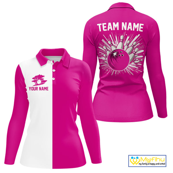 Pink and white Retro Bowling shirts For Women Custom team bowling jerseys gift for Bowlers NQS10147