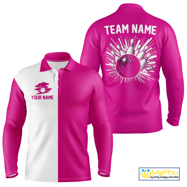 Pink and white Retro Bowling shirts For Men Custom team bowling jerseys gift for Bowlers NQS10147