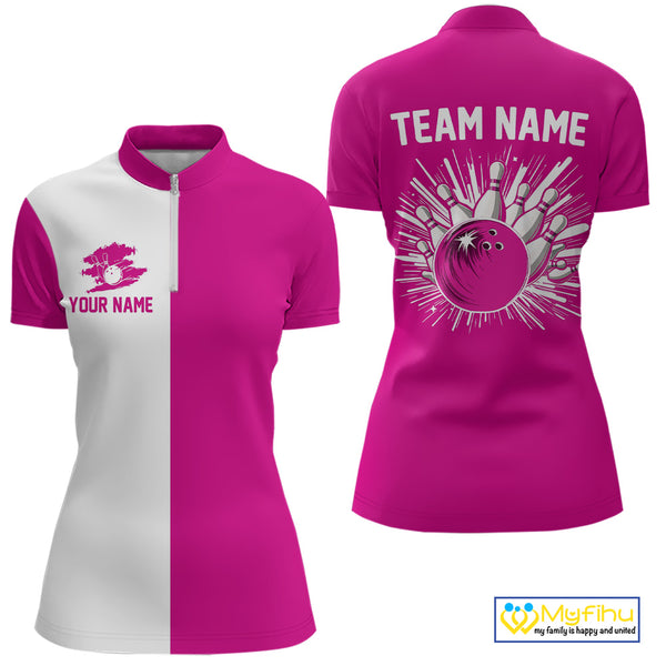 Pink and white Retro Bowling shirts For Women Custom team bowling jerseys gift for Bowlers NQS10147