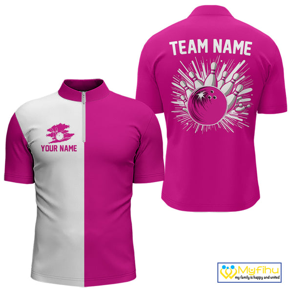 Pink and white Retro Bowling shirts For Men Custom team bowling jerseys gift for Bowlers NQS10147
