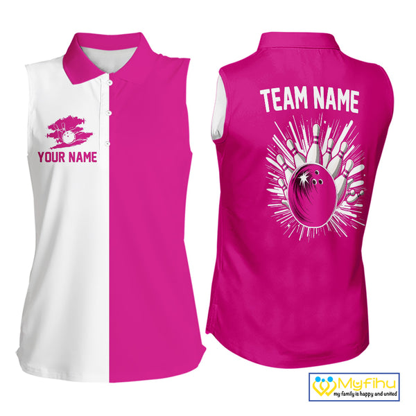 Pink and white Retro Bowling Women sleeveless Polo Shirt Custom team bowling jersey gift for Bowler NQS10147