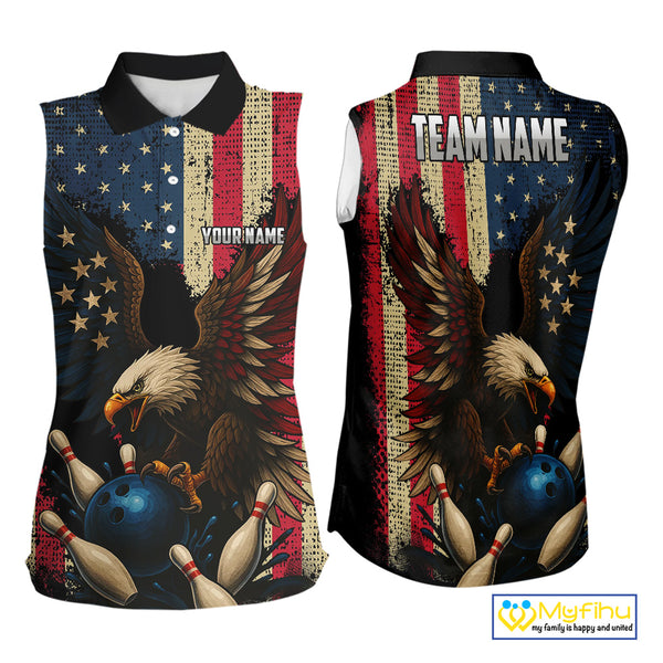 Vintage American Flag Eagle Bowling Sleeveless Polo Shirt Custom Patriotic Retro Team bowling jerseys NQS10475