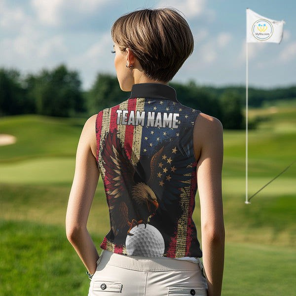 Vintage American Flag Eagle Sleeveless Golf Polo Shirt Custom Patriotic Retro Team ladies golf attire NQS10476