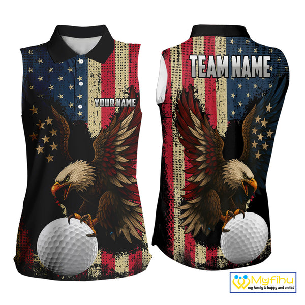 Vintage American Flag Eagle Sleeveless Golf Polo Shirt Custom Patriotic Retro Team ladies golf attire NQS10476