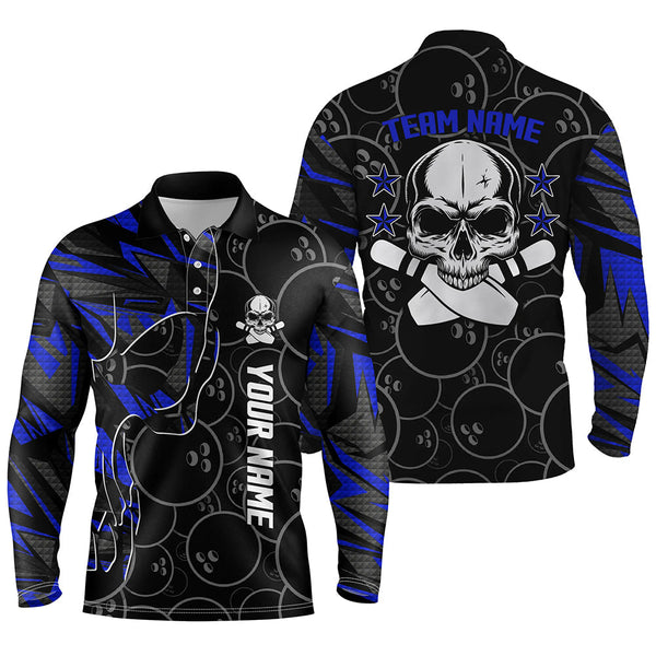 Blue camo black Bowling polo shirts for men custom team name Skull Bowling, team bowling shirts NQS6421