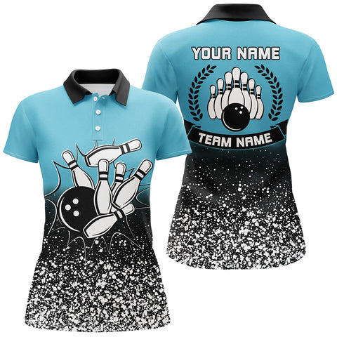 Women bowling polo shirts Custom retro bowling ball pins strike team league jerseys | Blue NQS6407