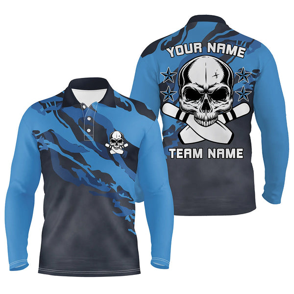 Personalized blue camo Skull Bowling polo Shirt for men Custom Team's Name men Bowler Jersey NQS6411