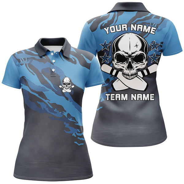 Personalized blue camo Skull Bowling polo Shirt for women Custom Team's Name Bowler Jersey NQS6411