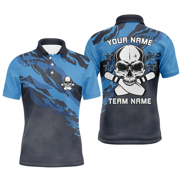 Personalized blue camo Skull Bowling polo Shirt for men Custom Team's Name men Bowler Jersey NQS6411