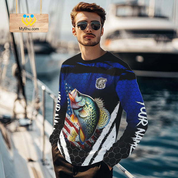 Crappie fishing American Flag Custom patriotic long sleeve team Crappie fishing shirts | Blue NQS10685