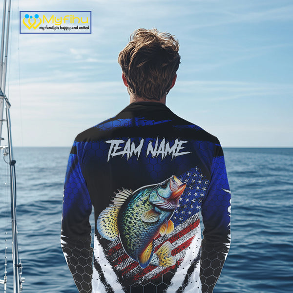 Crappie fishing American Flag Custom patriotic long sleeve team Crappie fishing shirts | Blue NQS10685