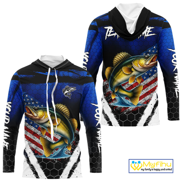 Walleye fishing American Flag Custom patriotic long sleeve team Walleye fishing shirts | Blue NQS10686