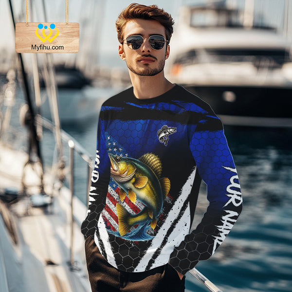 Walleye fishing American Flag Custom patriotic long sleeve team Walleye fishing shirts | Blue NQS10686