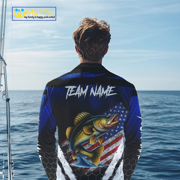 Walleye fishing American Flag Custom patriotic long sleeve team Walleye fishing shirts | Blue NQS10686