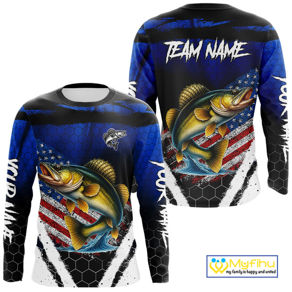 Walleye fishing American Flag Custom patriotic long sleeve team Walleye fishing shirts | Blue NQS10686