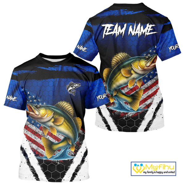 Walleye fishing American Flag Custom patriotic long sleeve team Walleye fishing shirts | Blue NQS10686