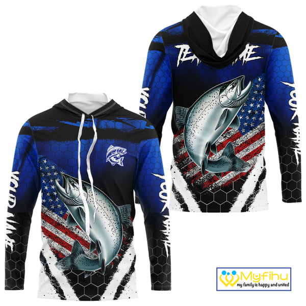 Salmon fishing American Flag Custom patriotic long sleeve team Salmon fishing shirts | Blue NQS10687