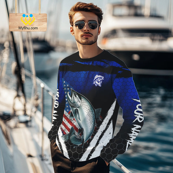 Salmon fishing American Flag Custom patriotic long sleeve team Salmon fishing shirts | Blue NQS10687
