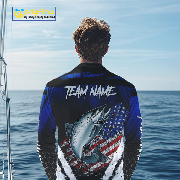 Salmon fishing American Flag Custom patriotic long sleeve team Salmon fishing shirts | Blue NQS10687