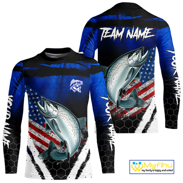 Salmon fishing American Flag Custom patriotic long sleeve team Salmon fishing shirts | Blue NQS10687