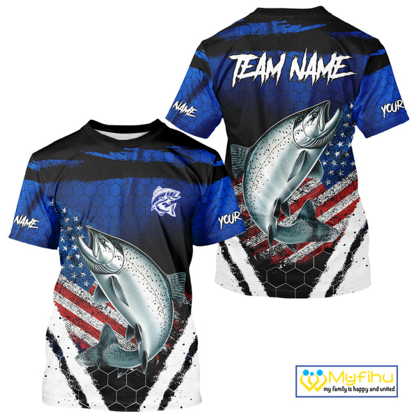 Salmon fishing American Flag Custom patriotic long sleeve team Salmon fishing shirts | Blue NQS10687