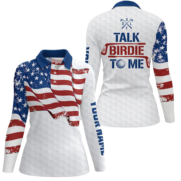 Funny Women Golf Polo Shirts custom American flag patriotic white golf shirts talk birdie to me NQS9204