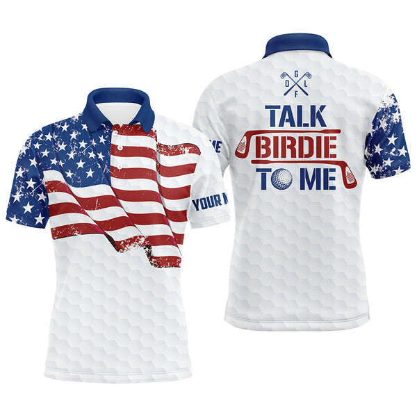 Funny Mens golf polo shirt custom American flag patriotic white golf shirts talk birdie to me NQS9204