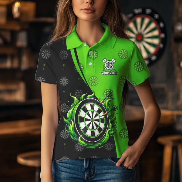 Personalized Black and Green Camo Flame Darts Shirts For Women Custom Green Fire Team Darts Jerseys NQS9565