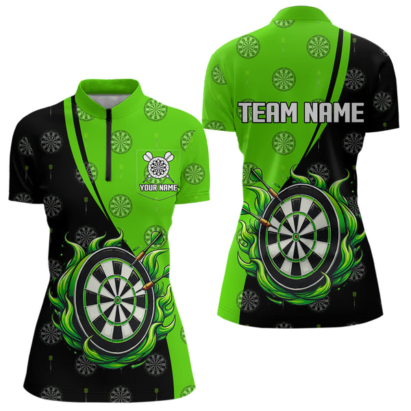 Personalized Black and Green Camo Flame Darts Shirts For Women Custom Green Fire Team Darts Jerseys NQS9565