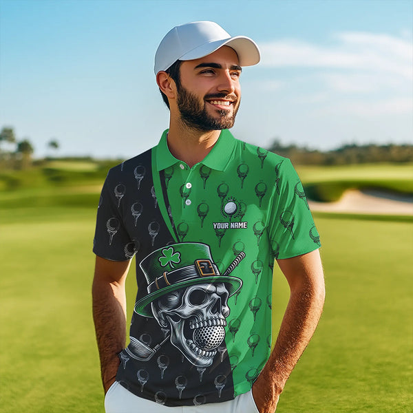 Personalized Black and Green Camo Skull Men golf polo shirts Custom St Patrick Day mens golf wear NQS9566