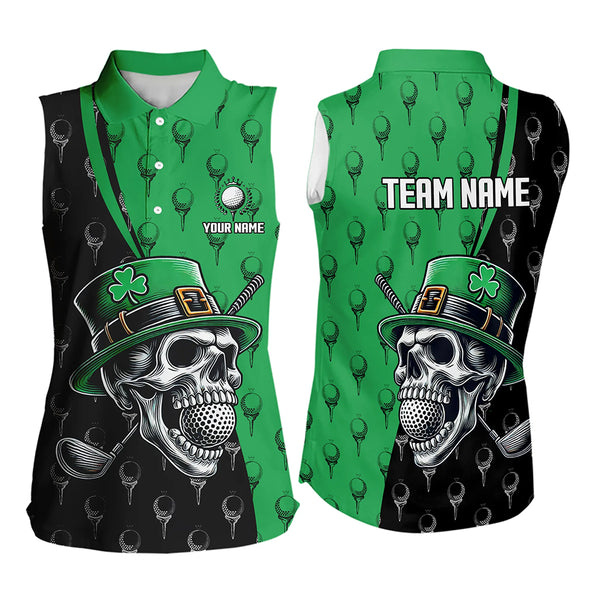 Black and Green Camo Skull Women sleeveless polo shirt Custom St Patrick Day ladies golf wear NQS9566