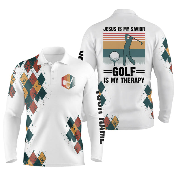 Mens golf polo shirts Jesus is my savior golf is my therapy custom name vintage best mens golf wear NQS4967