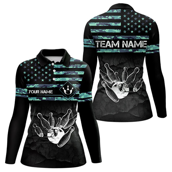 Personalized Turquoise camo American flag Custom Bowling Team Shirts For Women, Bowling League Jersey NQS9725