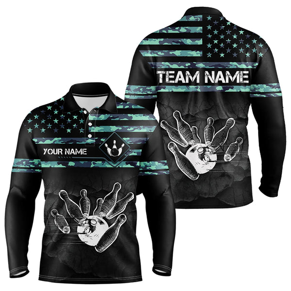 Personalized Turquoise camo American flag Custom Bowling Team Shirts For Mens, Bowling League Jersey NQS9725