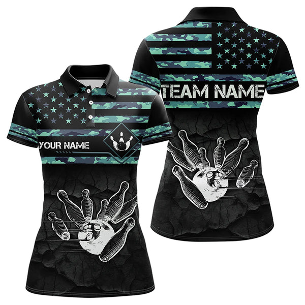 Personalized Turquoise camo American flag Custom Bowling Team Shirts For Women, Bowling League Jersey NQS9725