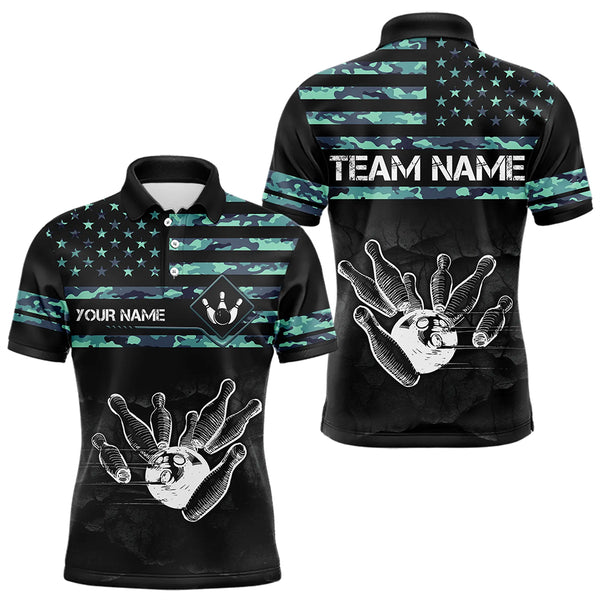 Personalized Turquoise camo American flag Custom Bowling Team Shirts For Mens, Bowling League Jersey NQS9725