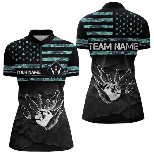 Personalized Turquoise camo American flag Custom Bowling Team Shirts For Women, Bowling League Jersey NQS9725