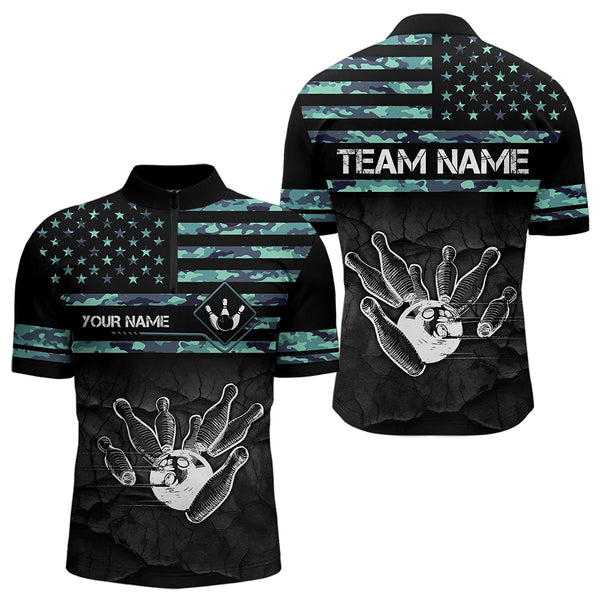 Personalized Turquoise camo American flag Custom Bowling Team Shirts For Mens, Bowling League Jersey NQS9725