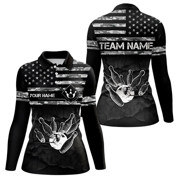Personalized Black and White camo American flag Custom Bowling Team Shirts For Women Bowling Jersey NQS9726