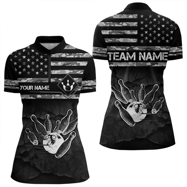 Personalized Black and White camo American flag Custom Bowling Team Shirts For Women Bowling Jersey NQS9726